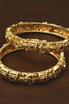 Matte Finished Red Stone and Pearl Embellished Temple Bangles BD443