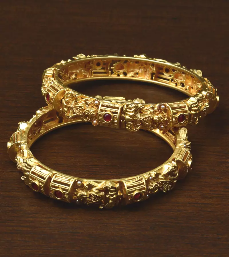 Matte Finished Red Stone and Pearl Embellished Temple Bangles BD443