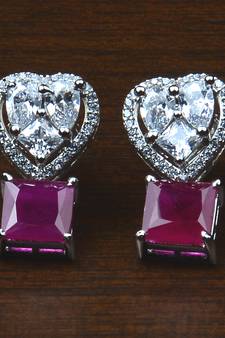 Rhodium Plated Ruby Embellished American Diamond Earrings 216ED528