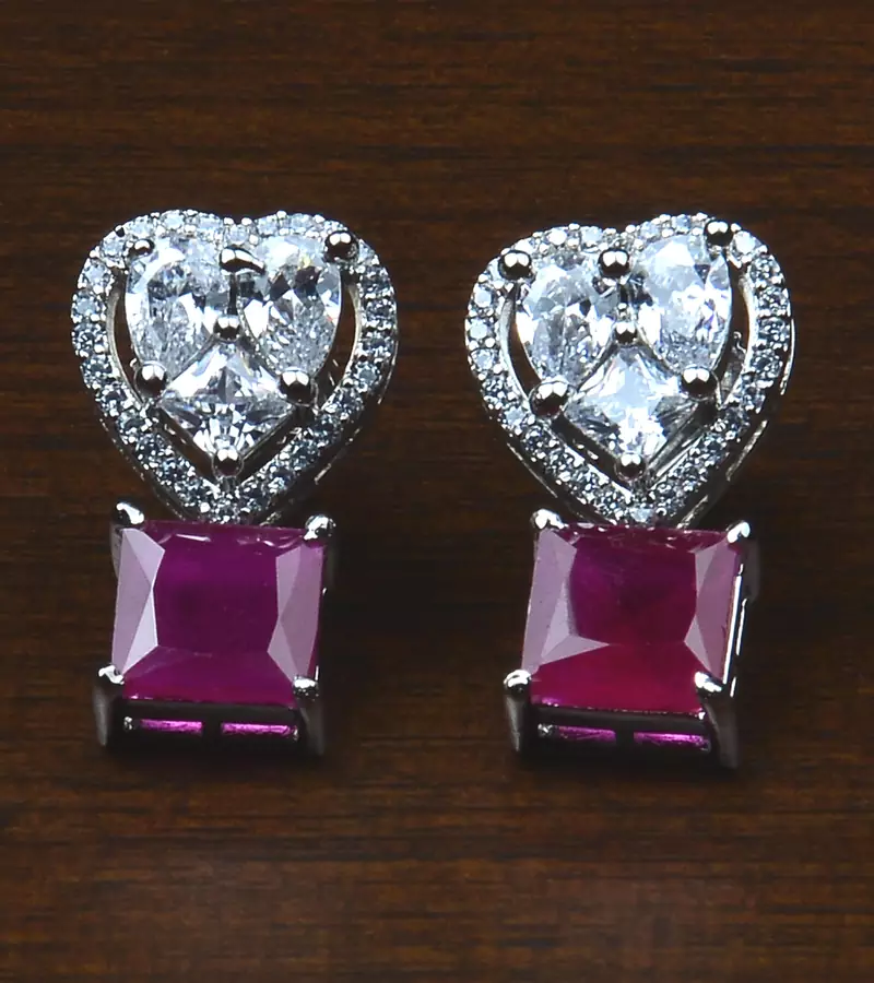 Rhodium Plated Ruby Embellished American Diamond Earrings 216ED528