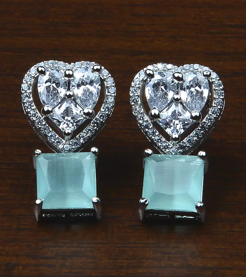 Rhodium Plated Mint Stone Embellished American Diamond Earrings 216ED529