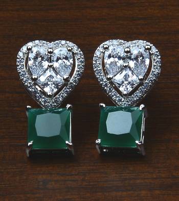 Rhodium Plated Emerald Embellished American Diamond Earrings 216ED532 1