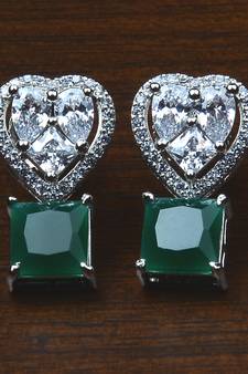 Rhodium Plated Emerald Embellished American Diamond Earrings 216ED532