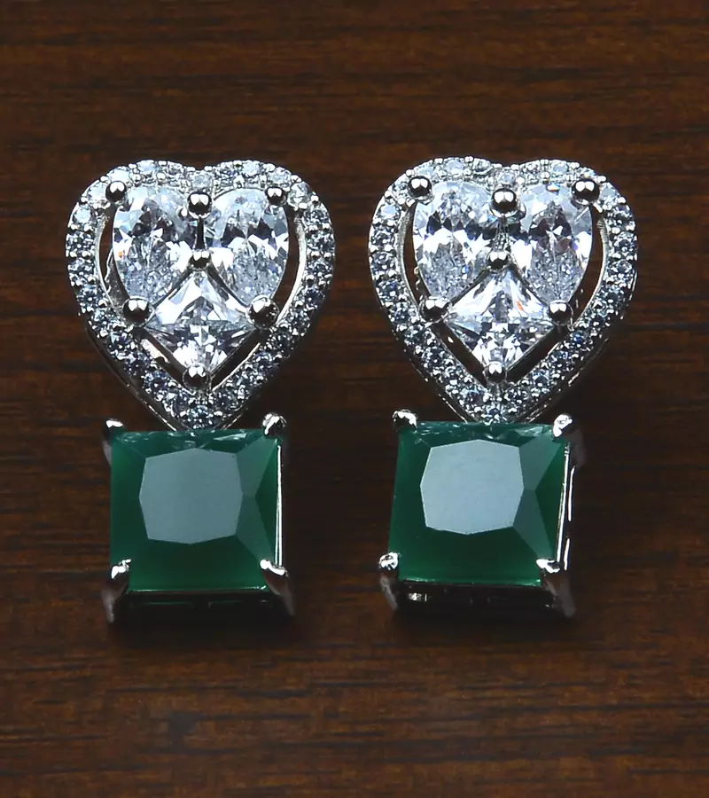 Rhodium Plated Emerald Embellished American Diamond Earrings 216ED532