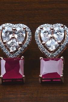 Rose Gold Plated Ruby Embellished American Diamond Earrings 216ED534