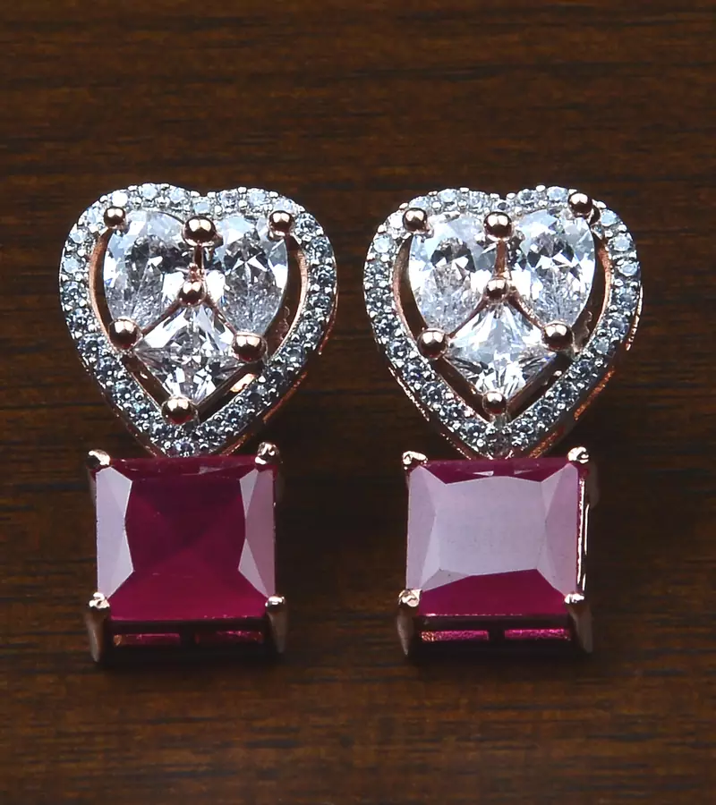 Rose Gold Plated Ruby Embellished American Diamond Earrings 216ED534