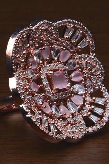 Rose Gold Plated Baby Pink Stone Embellished Adjustable American Diamond Finger Ring FR27