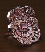 Rose Gold Plated Baby Pink Stone Embellished Adjustable American Diamond Finger Ring FR27