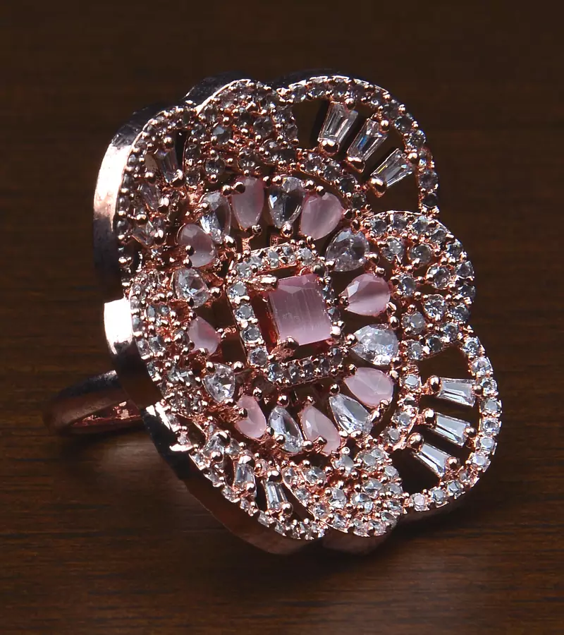 Rose Gold Plated Baby Pink Stone Embellished Adjustable American Diamond Finger Ring FR27