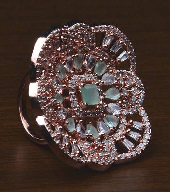 Rose Gold Plated Mint Stone Embellished Adjustable American Diamond Finger Ring FR28 1