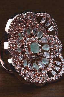 Rose Gold Plated Mint Stone Embellished Adjustable American Diamond Finger Ring FR28
