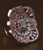 Rose Gold Plated Mint Stone Embellished Adjustable American Diamond Finger Ring FR28