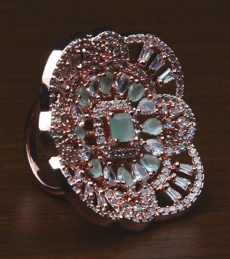 Rose Gold Plated Mint Stone Embellished Adjustable American Diamond Finger Ring FR28