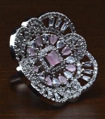 Rhodium Plated Baby Pink Stone Embellished Adjustable American Diamond Finger Ring FR30 1