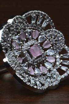 Rhodium Plated Baby Pink Stone Embellished Adjustable American Diamond Finger Ring FR30