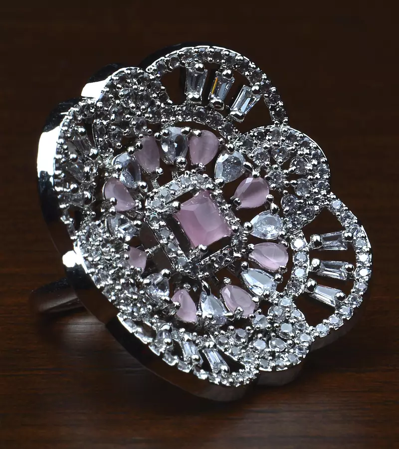 Rhodium Plated Baby Pink Stone Embellished Adjustable American Diamond Finger Ring FR30