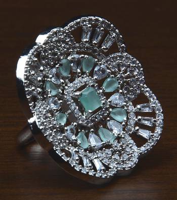 Rhodium Plated Mint Stone Embellished Adjustable American Diamond Finger Ring FR31 1