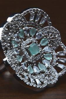 Rhodium Plated Mint Stone Embellished Adjustable American Diamond Finger Ring FR31