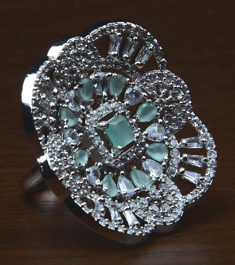 Rhodium Plated Mint Stone Embellished Adjustable American Diamond Finger Ring FR31