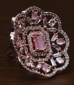 Rose Gold Plated Baby Pink Stone Embellished Adjustable American Diamond Finger Ring FR33