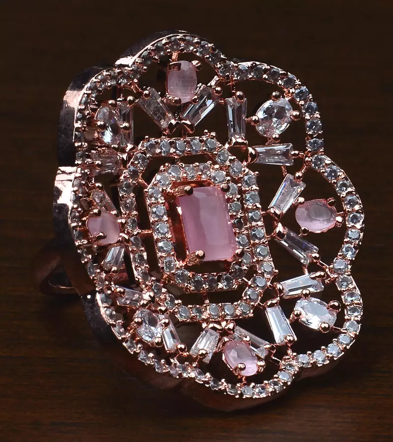 Rose Gold Plated Baby Pink Stone Embellished Adjustable American Diamond Finger Ring FR33