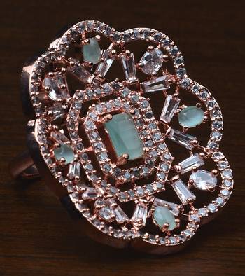 Rose Gold Plated Mint Stone Embellished Adjustable American Diamond Finger Ring FR34 1