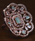 Rose Gold Plated Mint Stone Embellished Adjustable American Diamond Finger Ring FR34