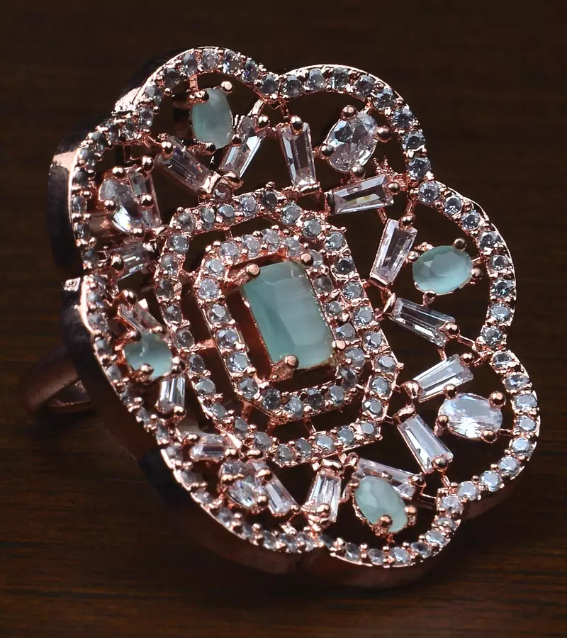 Rose Gold Plated Mint Stone Embellished Adjustable American Diamond Finger Ring FR34