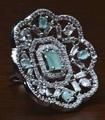 Rhodium Plated Mint Stone Embellished Adjustable American Diamond Finger Ring FR36