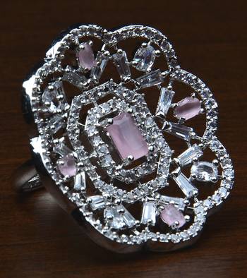 Rhodium Plated Baby Pink Stone Embellished Adjustable American Diamond Finger Ring FR37 1