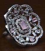 Rhodium Plated Baby Pink Stone Embellished Adjustable American Diamond Finger Ring FR37