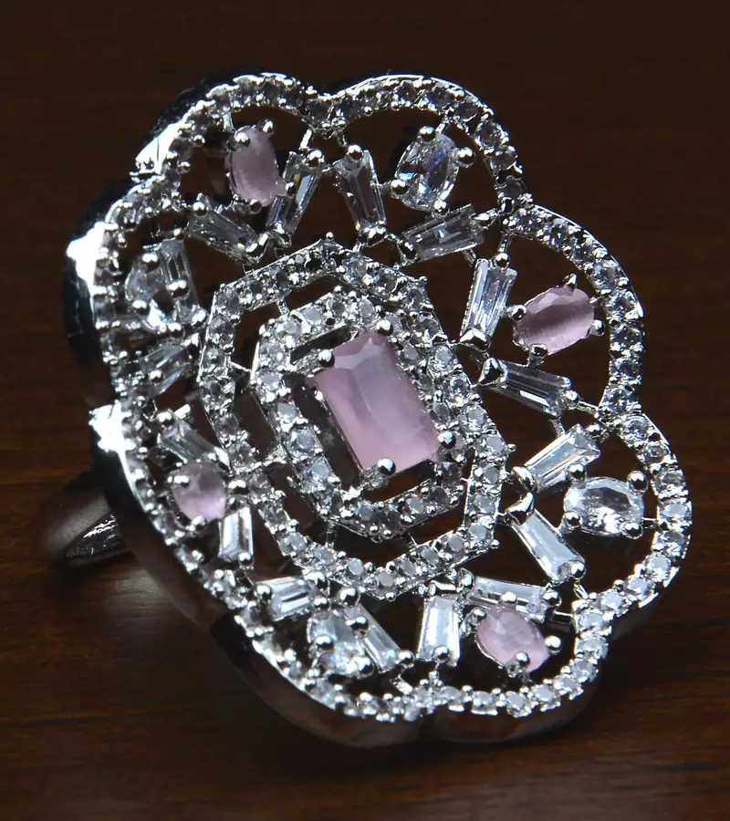 Rhodium Plated Baby Pink Stone Embellished Adjustable American Diamond Finger Ring FR37