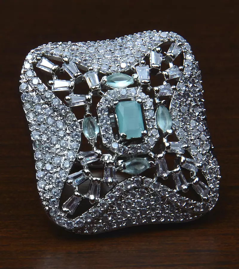 Rhodium Plated Mint Stone Embellished Adjustable American Diamond Finger Ring FR38