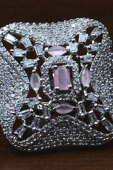 Rhodium Plated Baby Pink Stone Embellished Adjustable American Diamond Finger Ring FR39