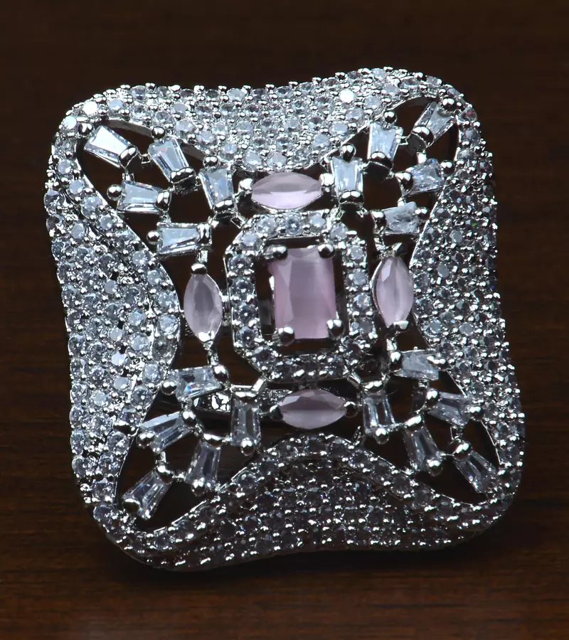 Rhodium Plated Baby Pink Stone Embellished Adjustable American Diamond Finger Ring FR39