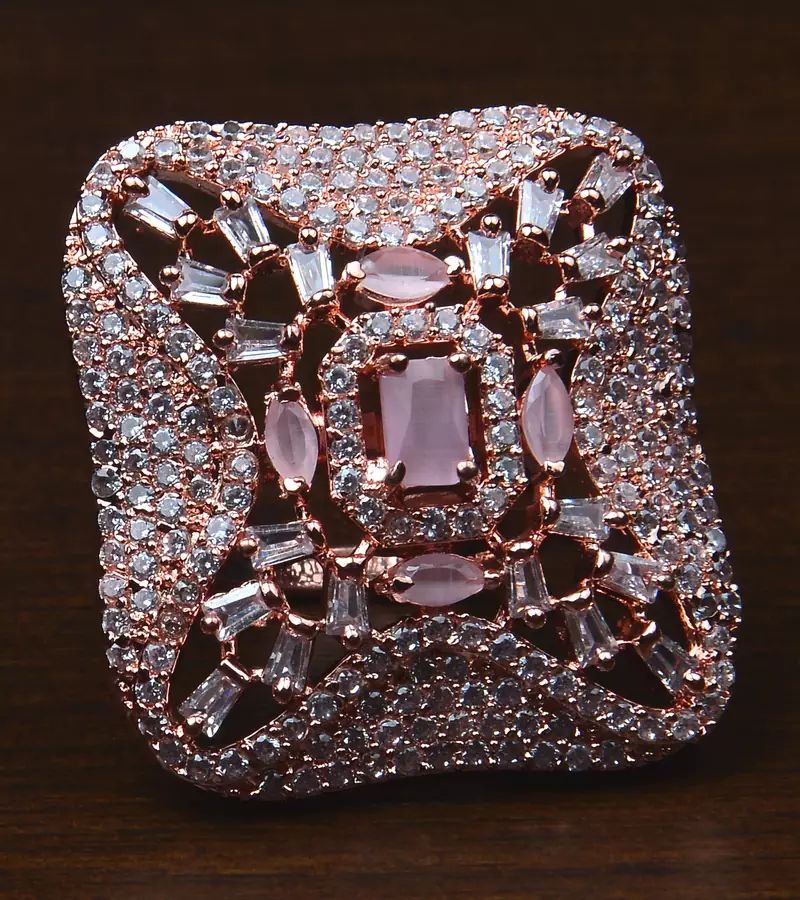 Rose Gold Plated Baby Pink Stone Embellished Adjustable American Diamond Finger Ring FR41