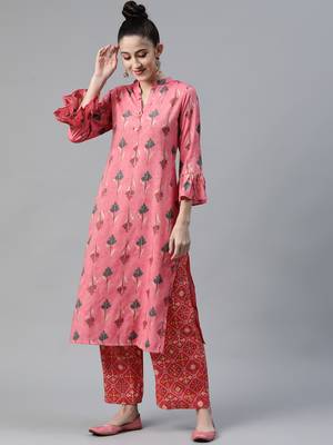 Pink printed rayon cotton-kurtis With Palazzos 1