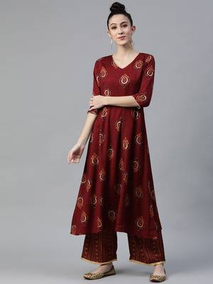 Maroon printed rayon cotton-kurtis With palazzos 1