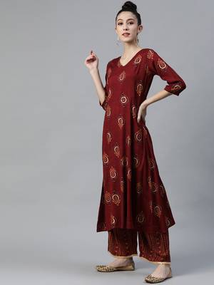 Maroon printed rayon cotton-kurtis With palazzos 5