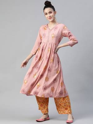 Peach printed rayon cotton-kurtis with Palazzos 1