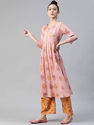 Peach printed rayon cotton-kurtis with Palazzos 5