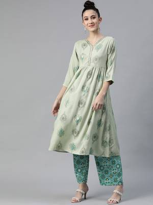 Green printed rayon cotton-kurtis With Palazzos 1