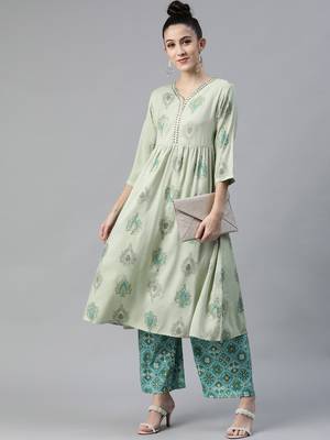 Green printed rayon cotton-kurtis With Palazzos 5