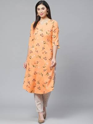 Orange printed rayon cotton-kurtis With Palazzos 1