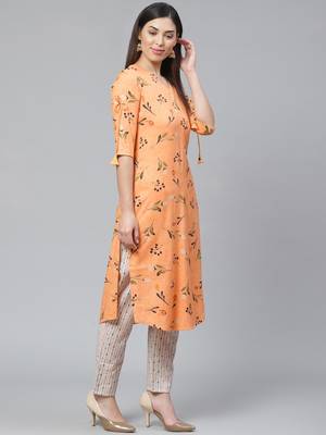 Orange printed rayon cotton-kurtis With Palazzos 5
