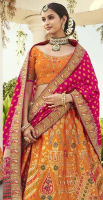 Orange embroidered art silk semi stitched lehenga 2