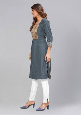 Grey Silk printed stitched quarter sleeve   Kurti 3