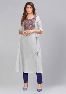 Grey Silk printed stitched quarter sleeve   Kurti 1