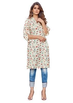 white Silk printed stitched quarter sleeve   Kurti 1