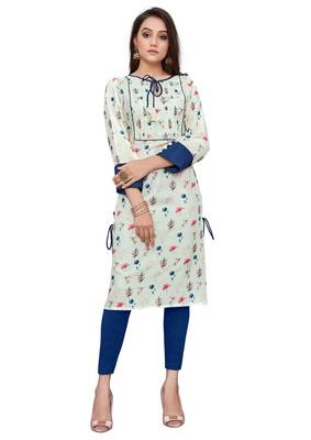 white Silk printed stitched quarter sleeve   Kurti 1